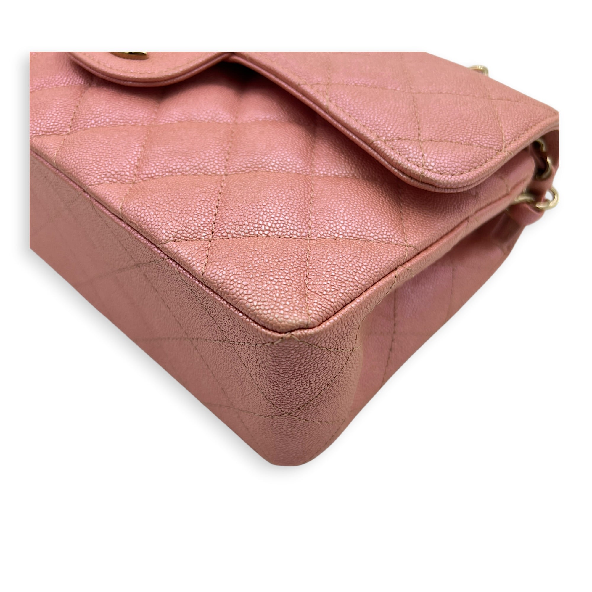 Classic Double Flap Small Iridescent Pink Shoulder Bag in Caviar Leather, Gold hardware