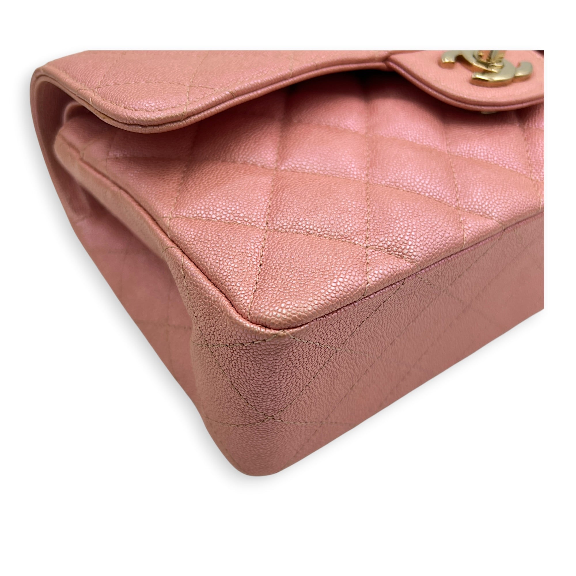 Classic Double Flap Small Iridescent Pink Shoulder Bag in Caviar Leather, Gold hardware