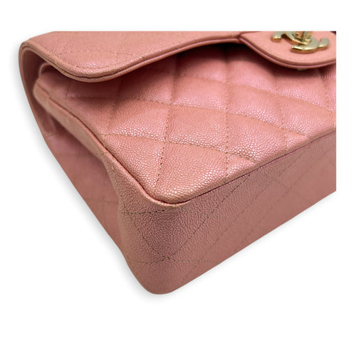 Classic Double Flap Small Iridescent Pink Shoulder Bag in Caviar Leather, Gold hardware