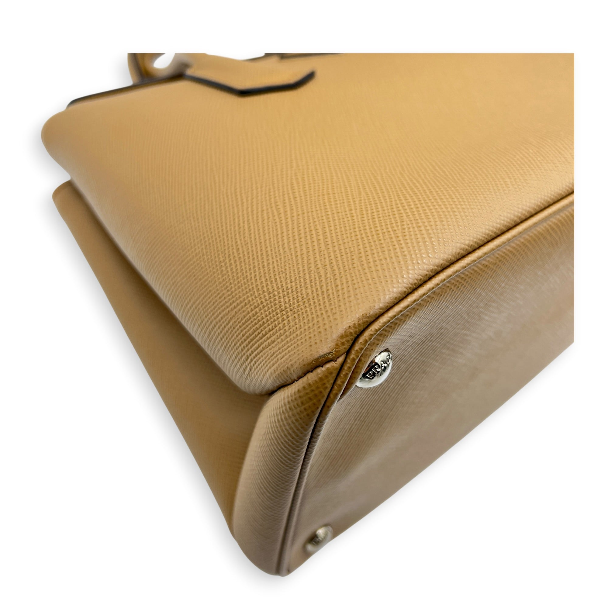 2 Way Turnlock Brown Top Handle Bag in Saffiano Leather, Silver hardware