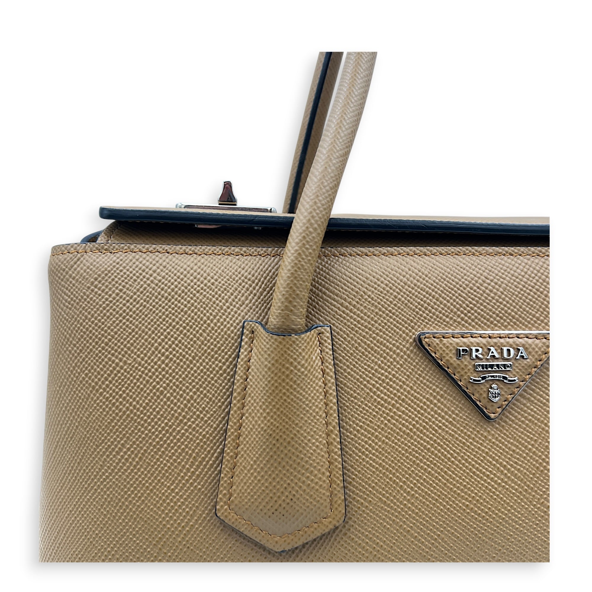 2 Way Turnlock Brown Top Handle Bag in Saffiano Leather, Silver hardware