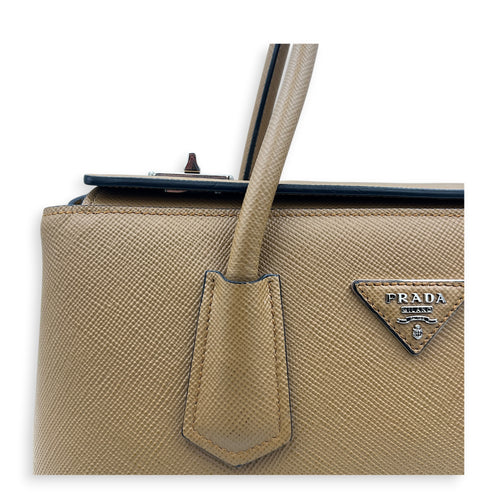 2 Way Turnlock Brown Top Handle Bag in Saffiano Leather, Silver hardware