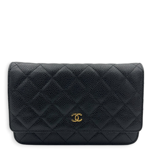 CC Wallet On Chain Black in Caviar Leather, Gold hardware