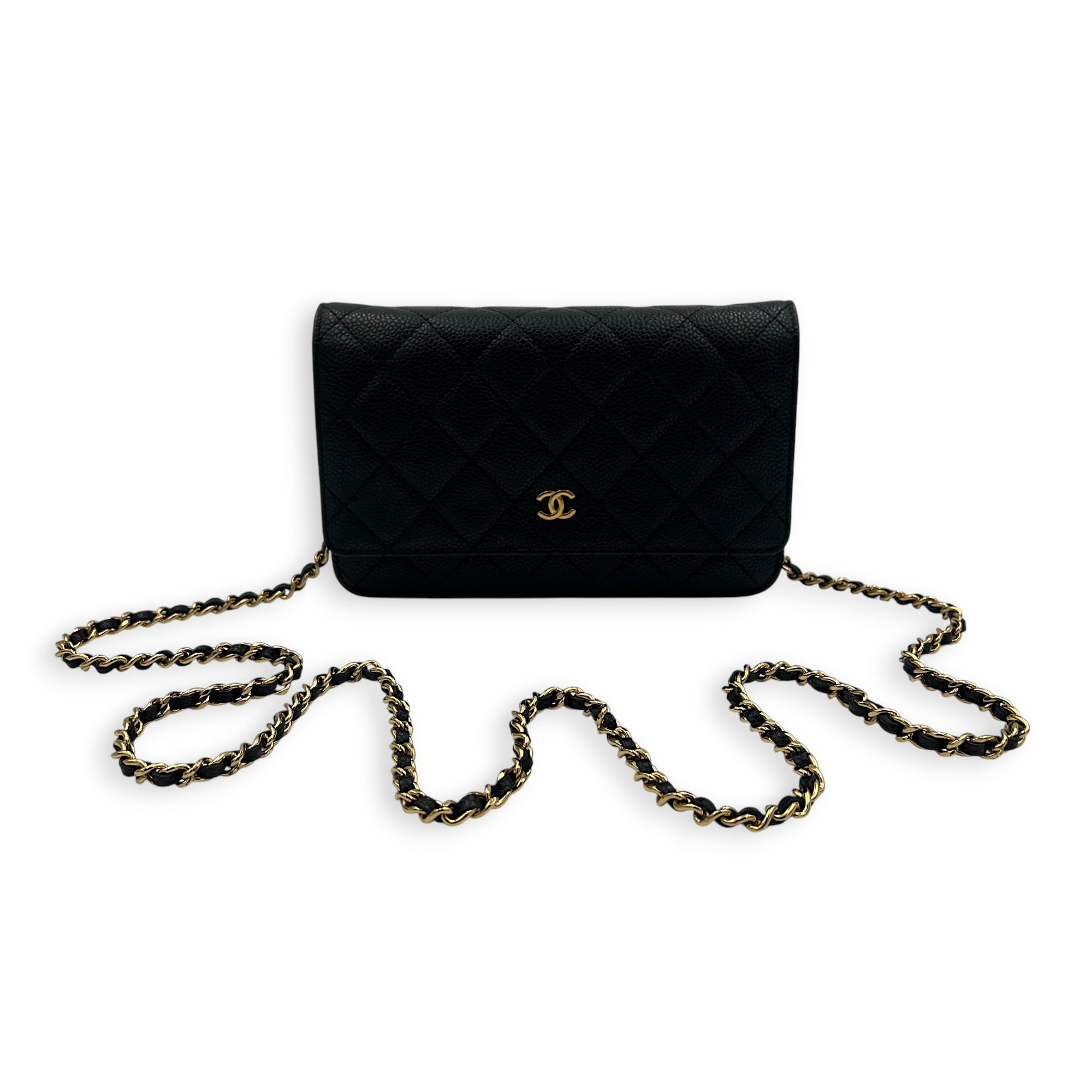 CC Wallet On Chain Black in Caviar Leather, Gold hardware