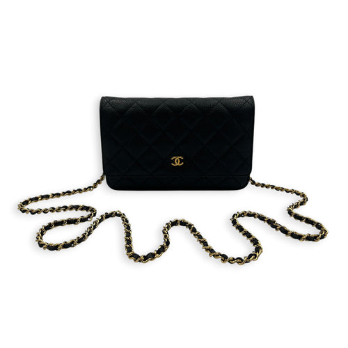 CC Wallet On Chain Black in Caviar Leather, Gold hardware