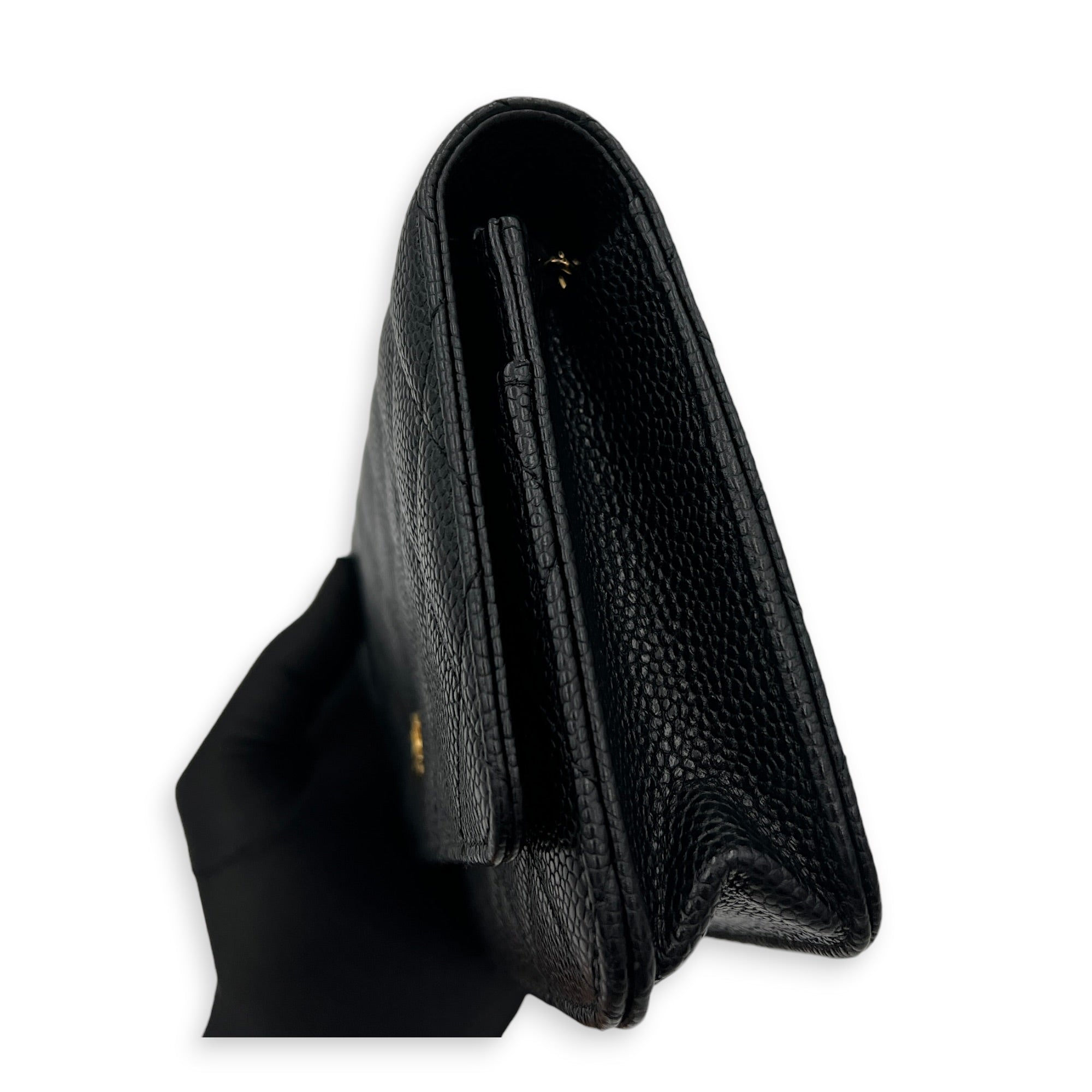 CC Wallet On Chain Black in Caviar Leather, Gold hardware