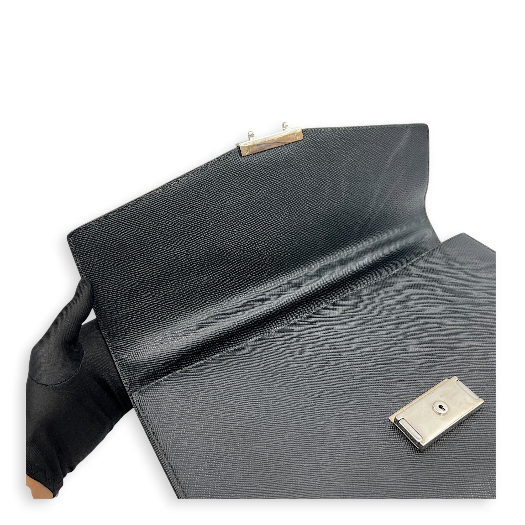 Briefcase Black Briefcase in Saffiano Leather, Silver hardware