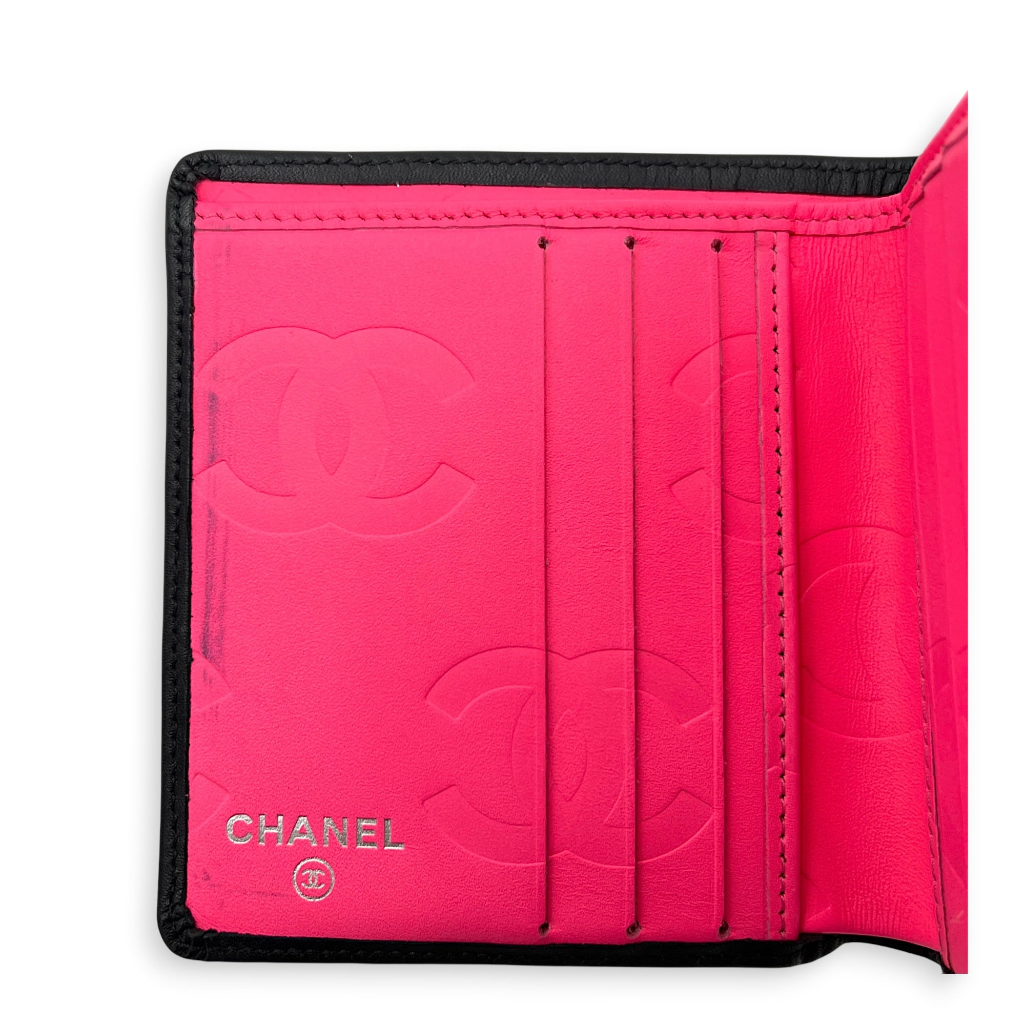 Cambon Compact Black Wallet in Lambskin, Silver hardware