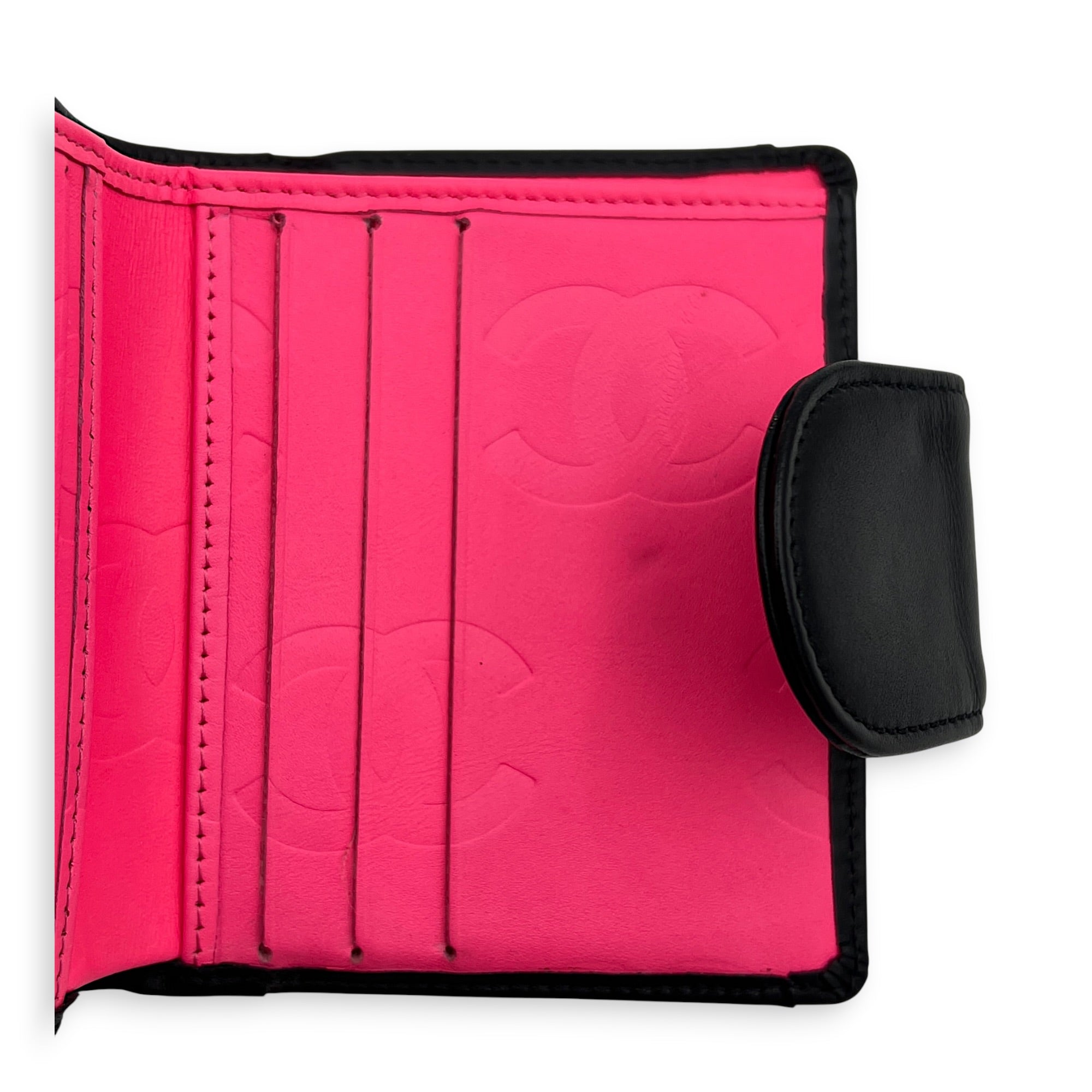 Cambon Compact Black Wallet in Lambskin, Silver hardware