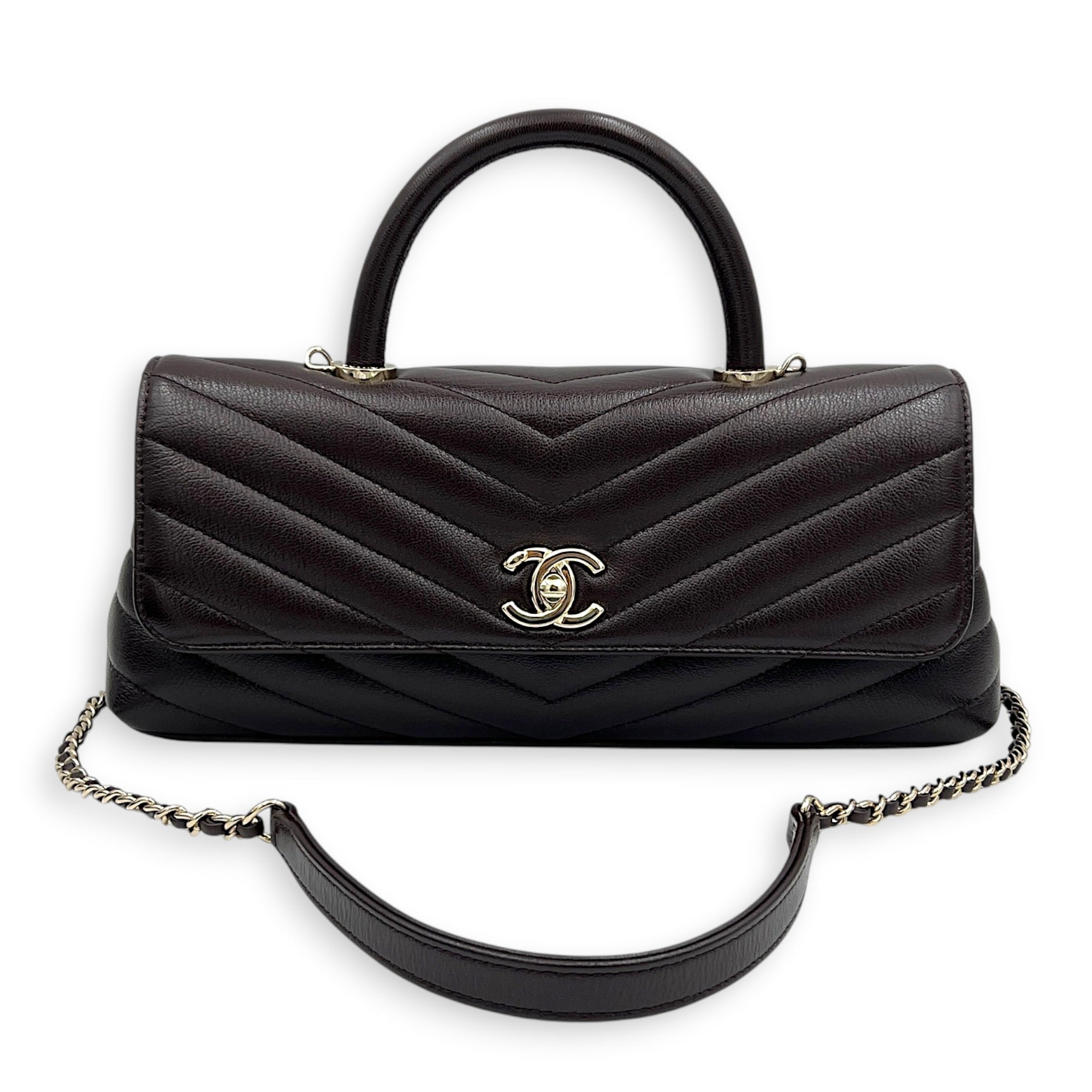 Coco East West Maci Brown Top Handle Bag in Calfskin, Gold hardware