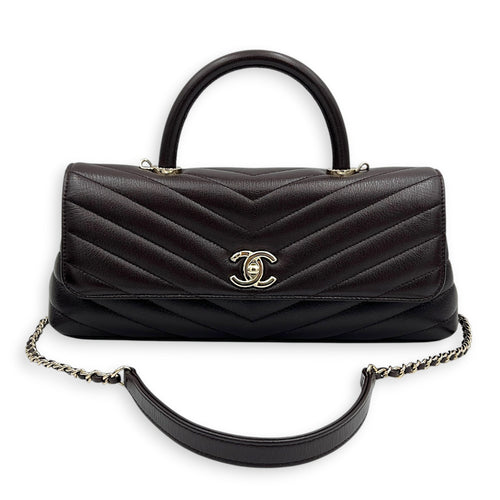 Coco East West Maci Brown Top Handle Bag in Calfskin, Gold hardware