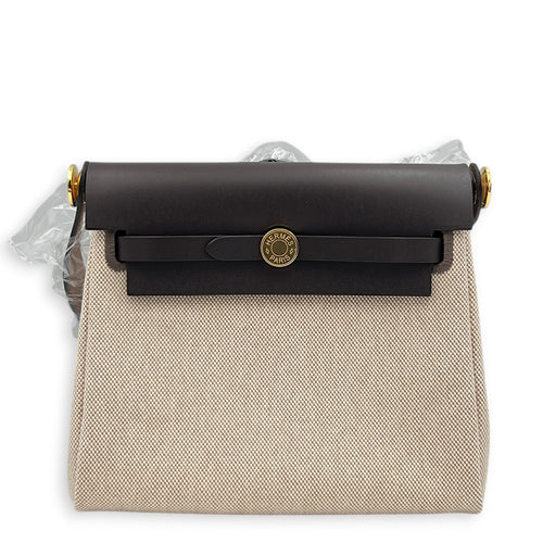Herbag Mini Beige Shoulder Bag in Canvas, Gold hardware