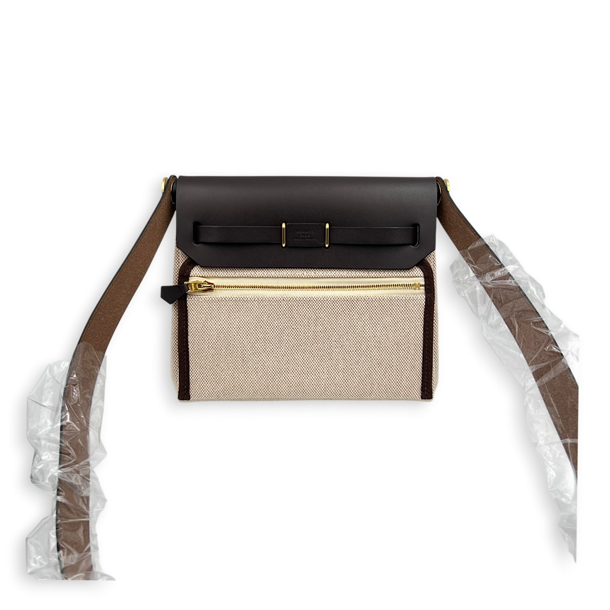 Herbag Mini Beige Shoulder Bag in Canvas, Gold hardware
