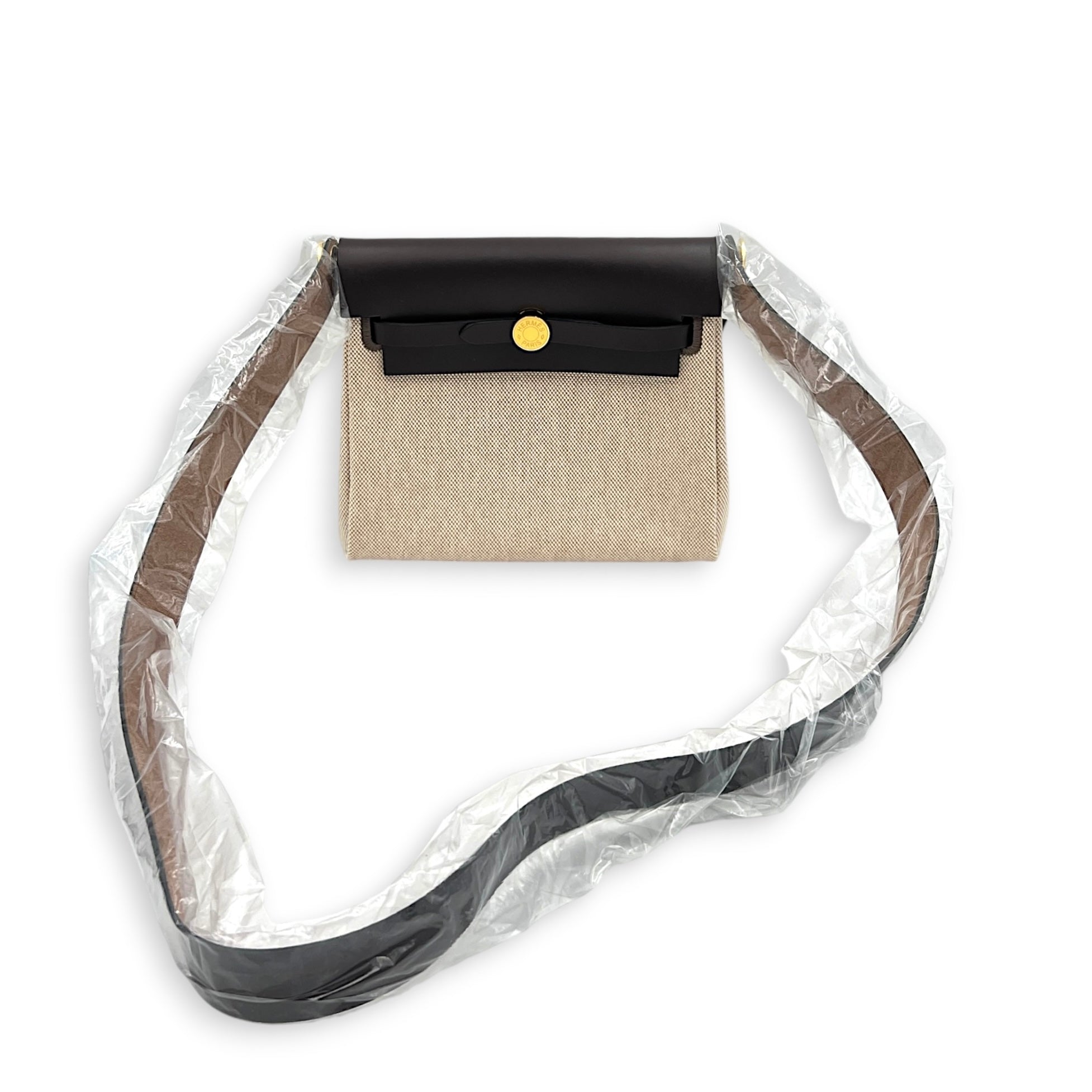 Herbag Mini Beige Shoulder Bag in Canvas, Gold hardware