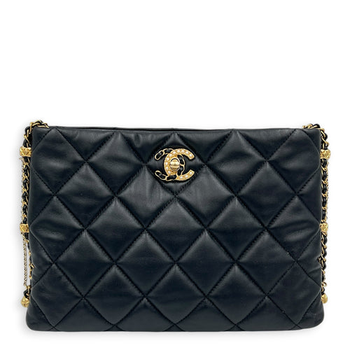 Quilted Crush on Chains Black Shoulder Bag in Lambskin, Gold hardware