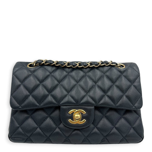 Classic Double Flap Small Blue Shoulder Bag in Caviar Leather, Gold hardware