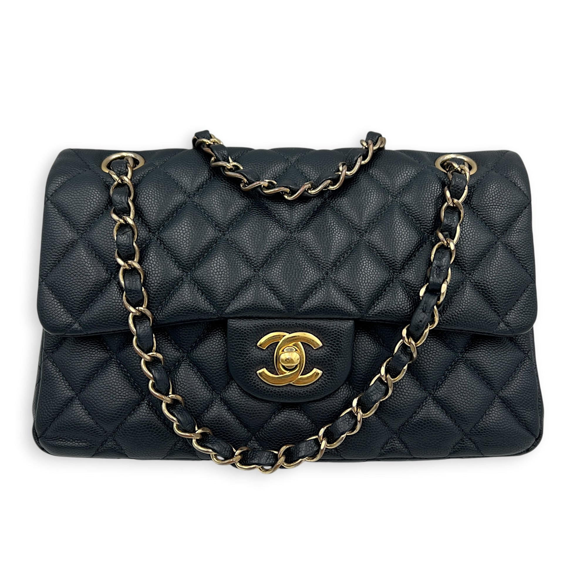 Classic Double Flap Small Blue Shoulder Bag in Caviar Leather, Gold hardware