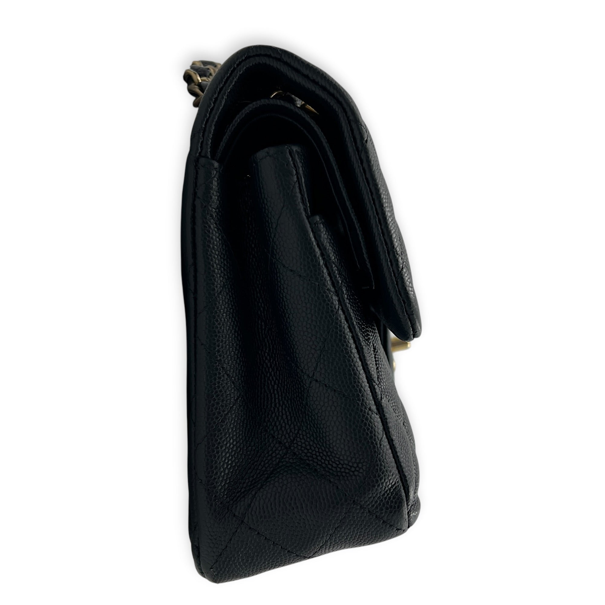 Classic Double Flap Small Blue Shoulder Bag in Caviar Leather, Gold hardware
