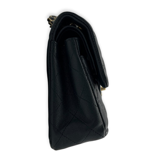 Classic Double Flap Small Blue Shoulder Bag in Caviar Leather, Gold hardware
