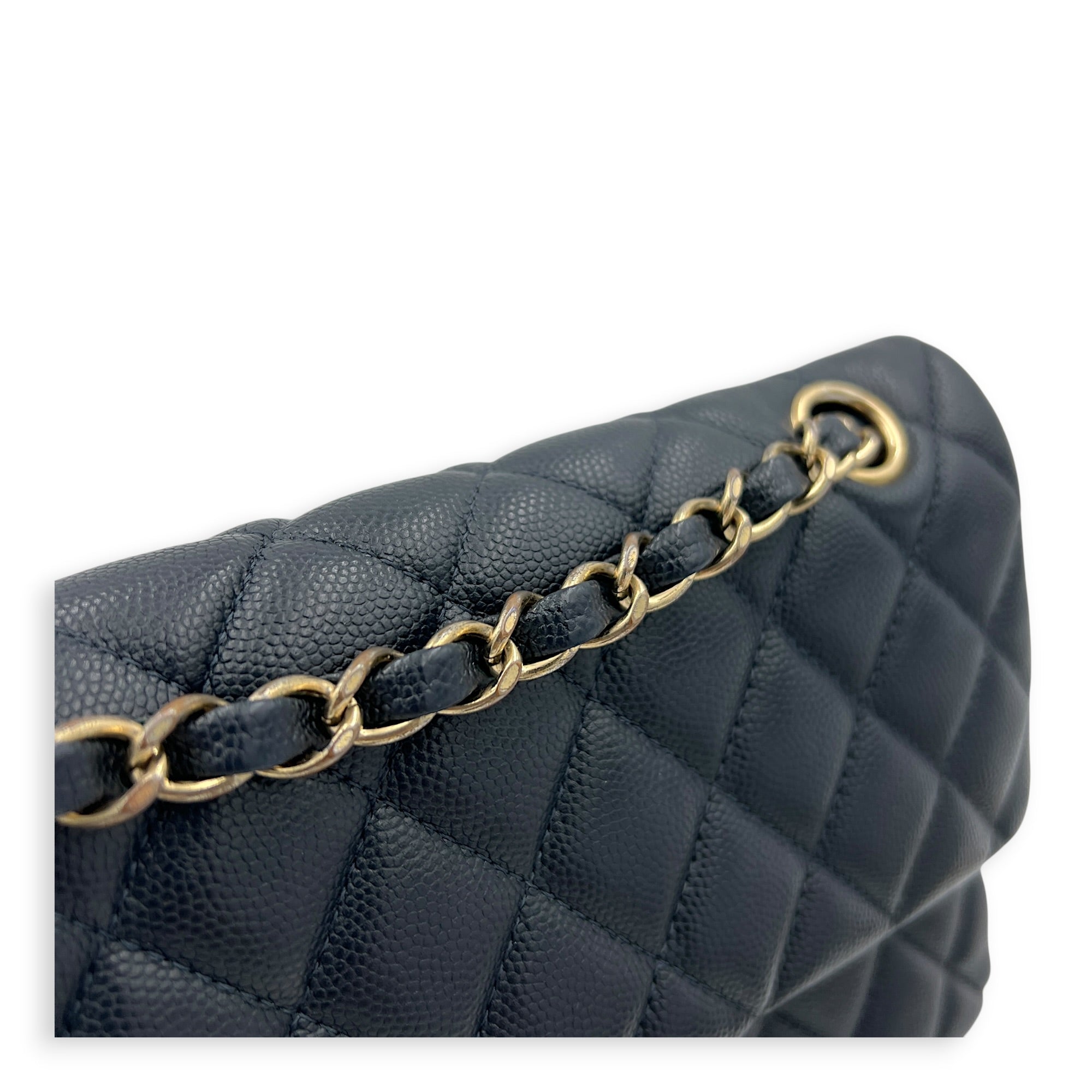 Classic Double Flap Small Blue Shoulder Bag in Caviar Leather, Gold hardware