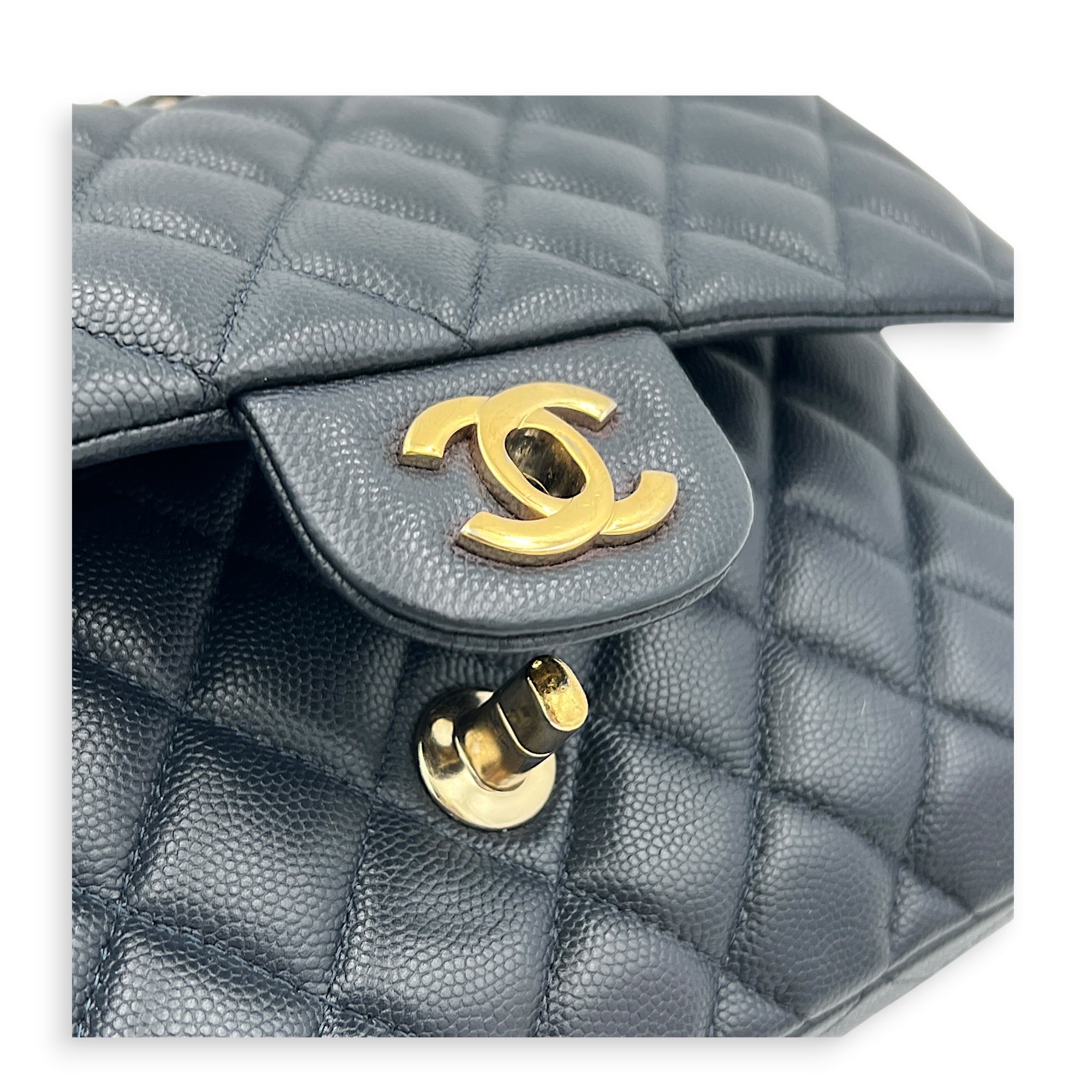 Classic Double Flap Small Blue Shoulder Bag in Caviar Leather, Gold hardware