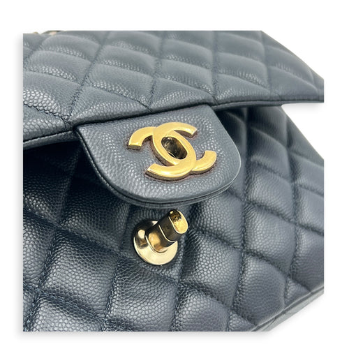 Classic Double Flap Small Blue Shoulder Bag in Caviar Leather, Gold hardware