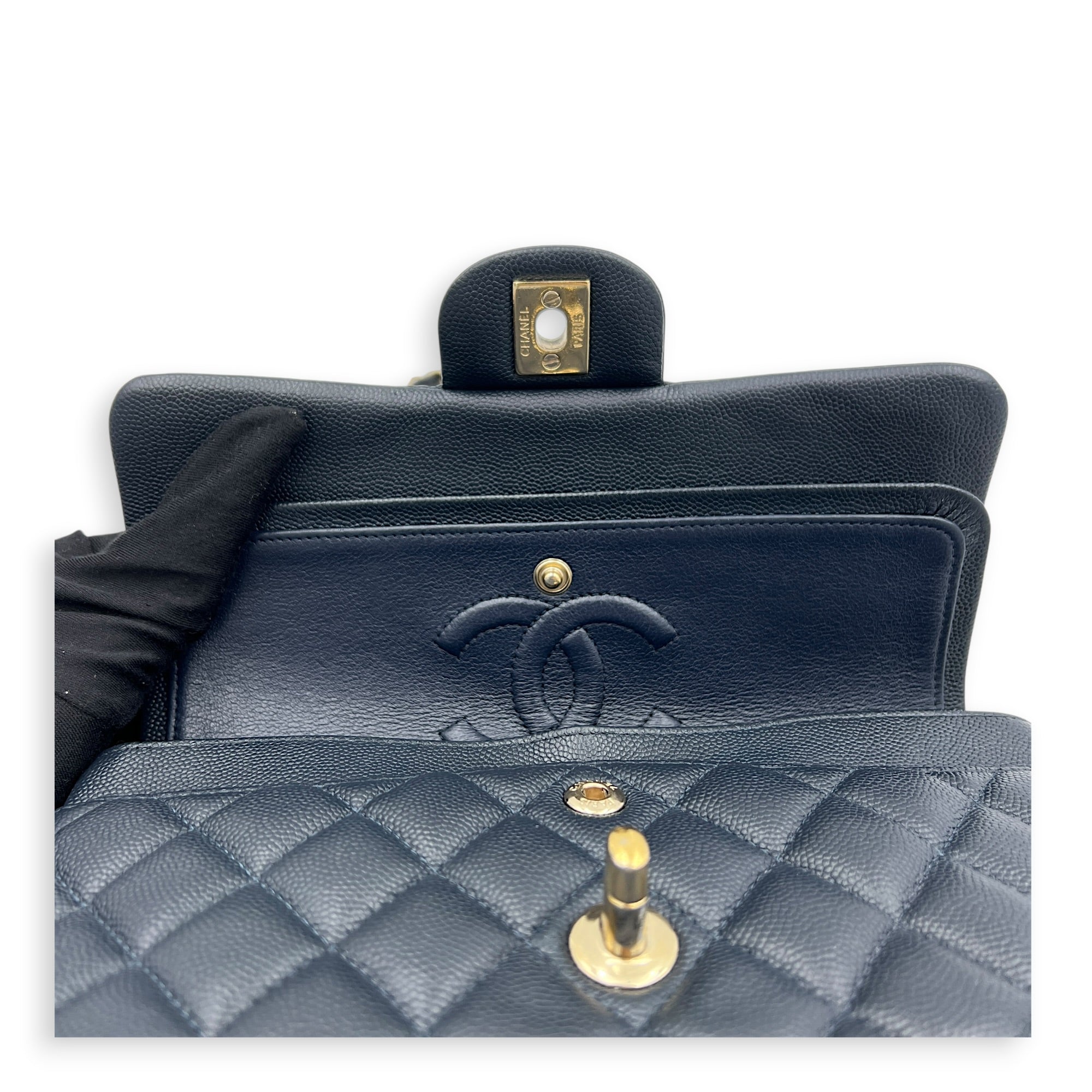 Classic Double Flap Small Blue Shoulder Bag in Caviar Leather, Gold hardware