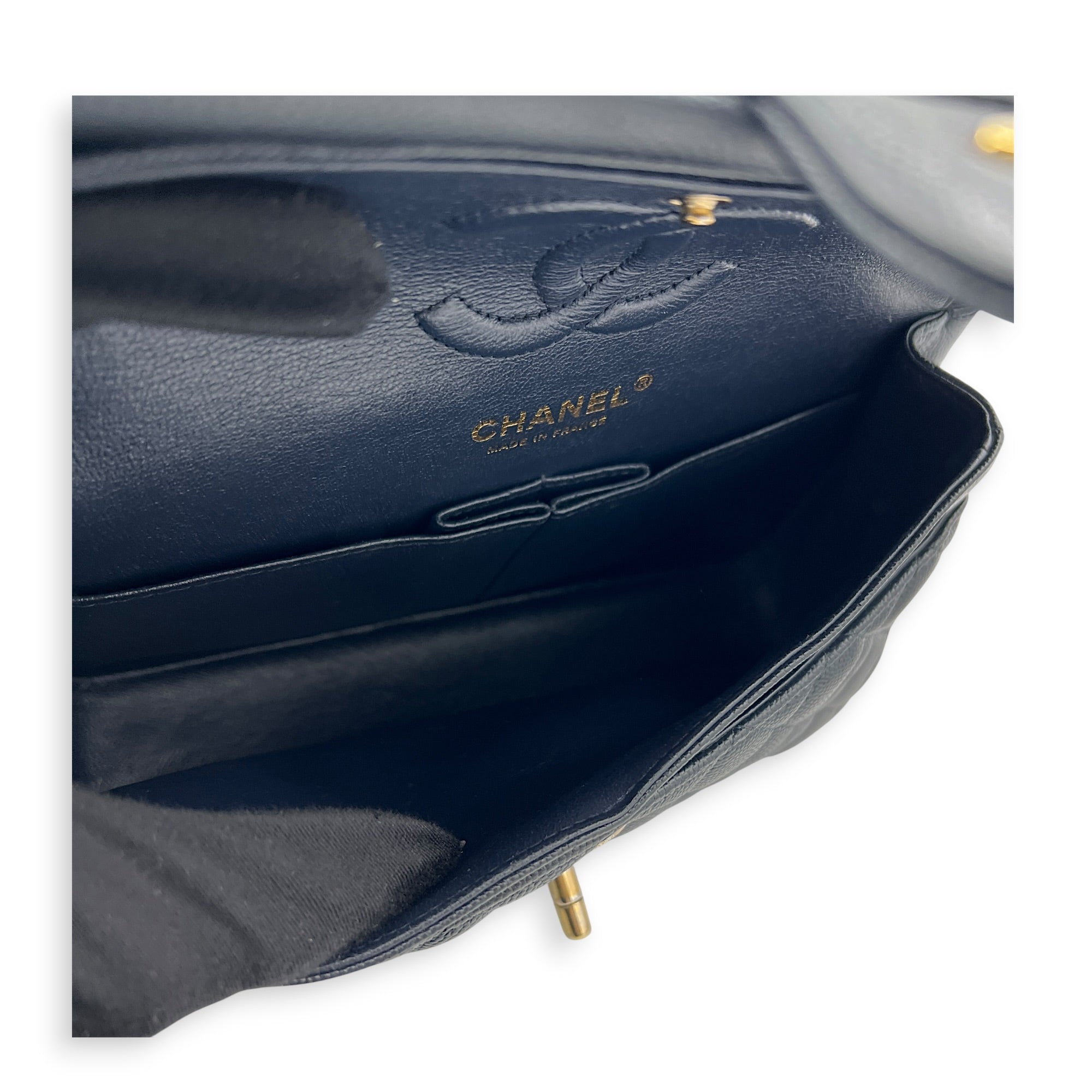 Classic Double Flap Small Blue Shoulder Bag in Caviar Leather, Gold hardware