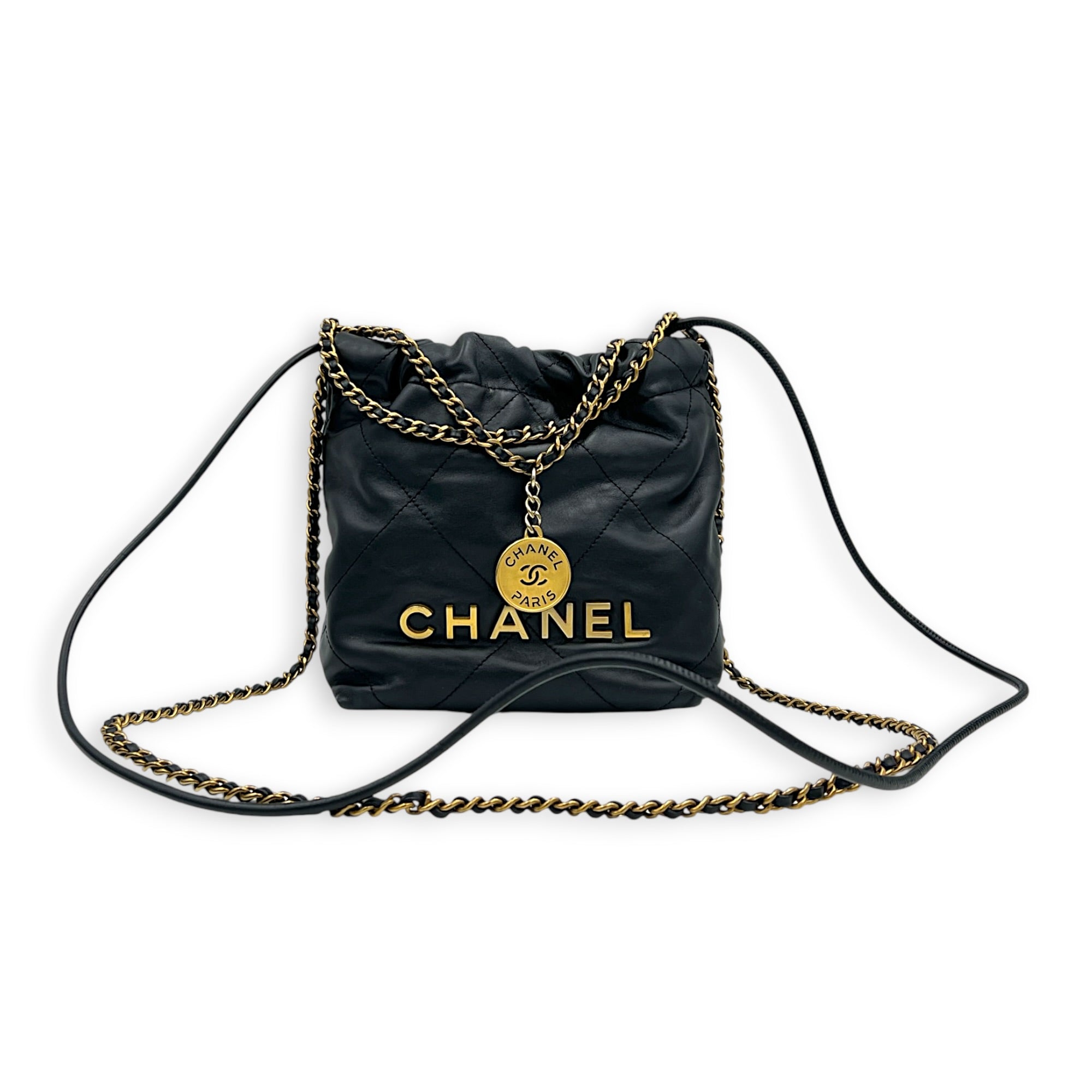 22 Tote Shoulder Bag Mini Black in Calfskin, Gold hardware