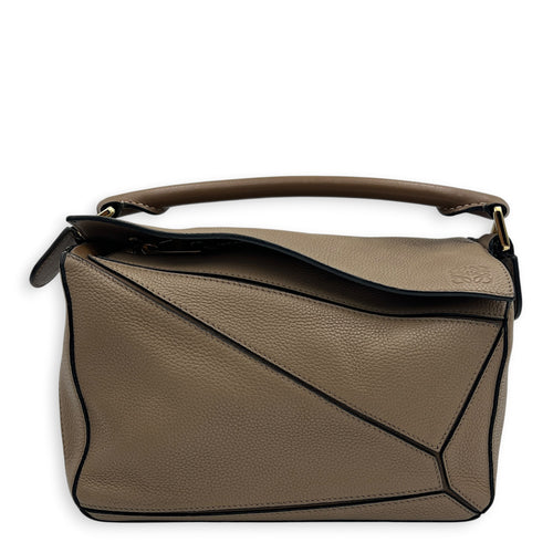 Puzzle Small Beige Top Handle Bag in Calfskin, Gold hardware
