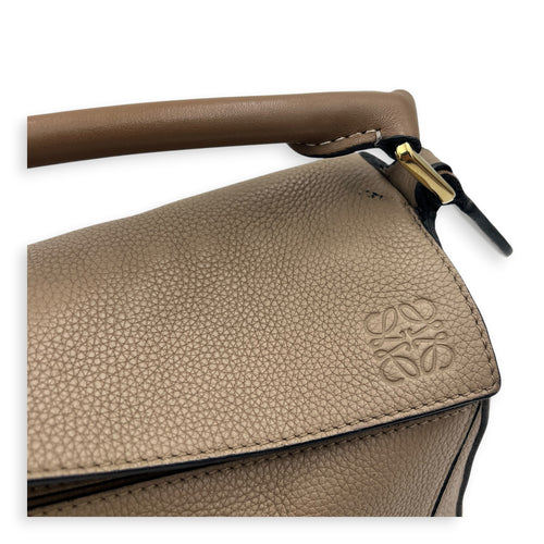 Puzzle Small Beige Top Handle Bag in Calfskin, Gold hardware