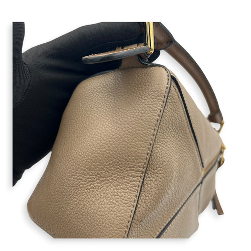 Puzzle Small Beige Top Handle Bag in Calfskin, Gold hardware