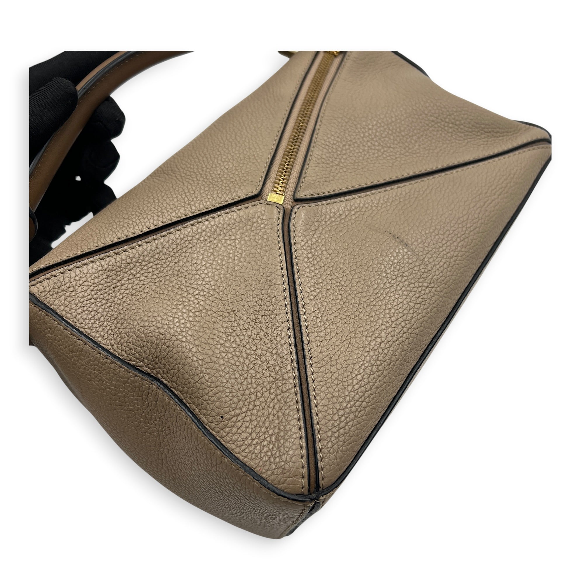 Puzzle Small Beige Top Handle Bag in Calfskin, Gold hardware