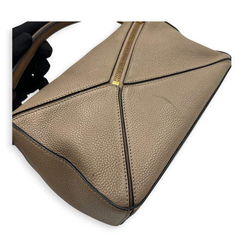 Puzzle Small Beige Top Handle Bag in Calfskin, Gold hardware