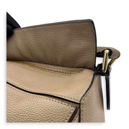 Puzzle Small Beige Top Handle Bag in Calfskin, Gold hardware