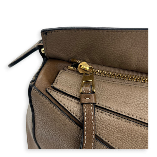 Puzzle Small Beige Top Handle Bag in Calfskin, Gold hardware