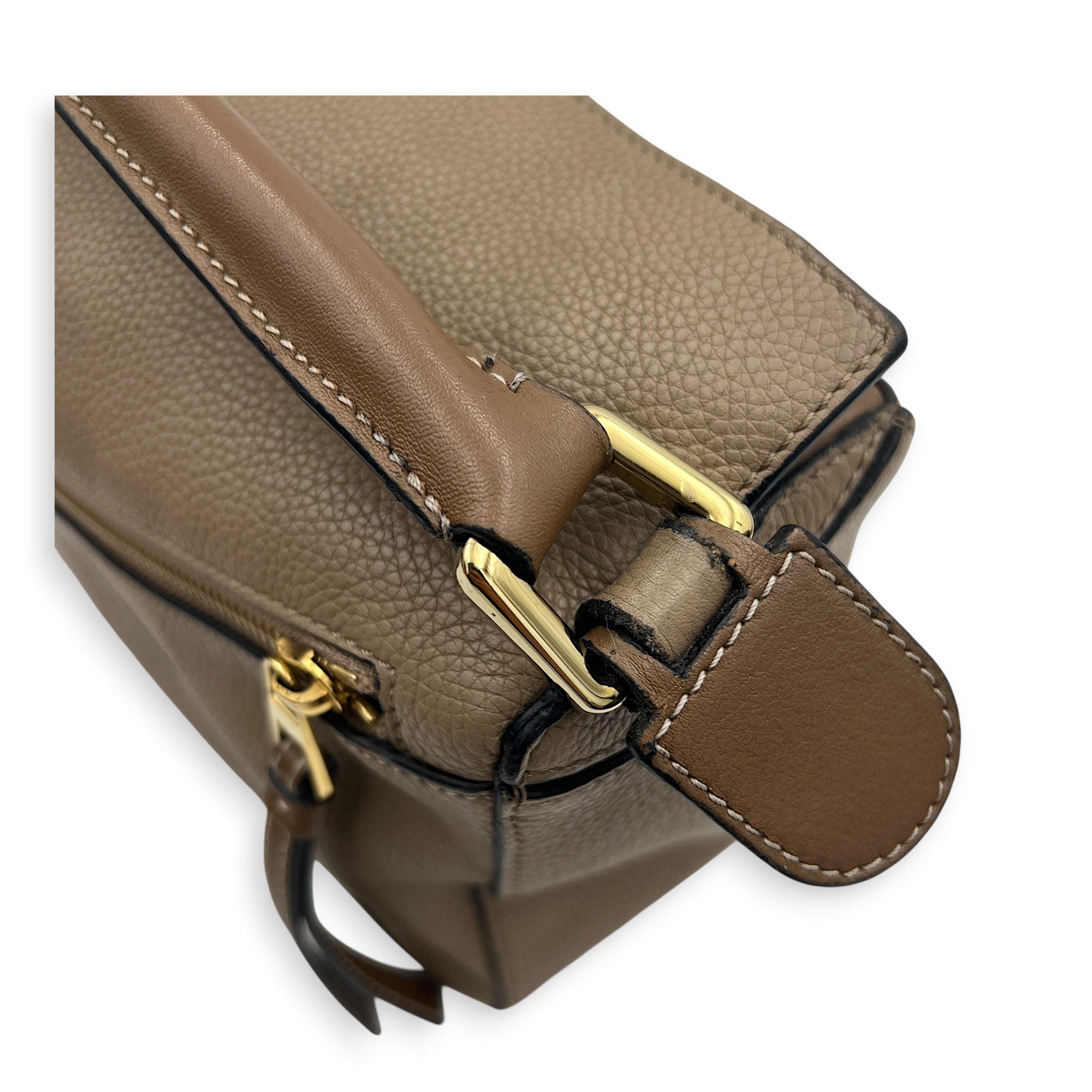 Puzzle Small Beige Top Handle Bag in Calfskin, Gold hardware