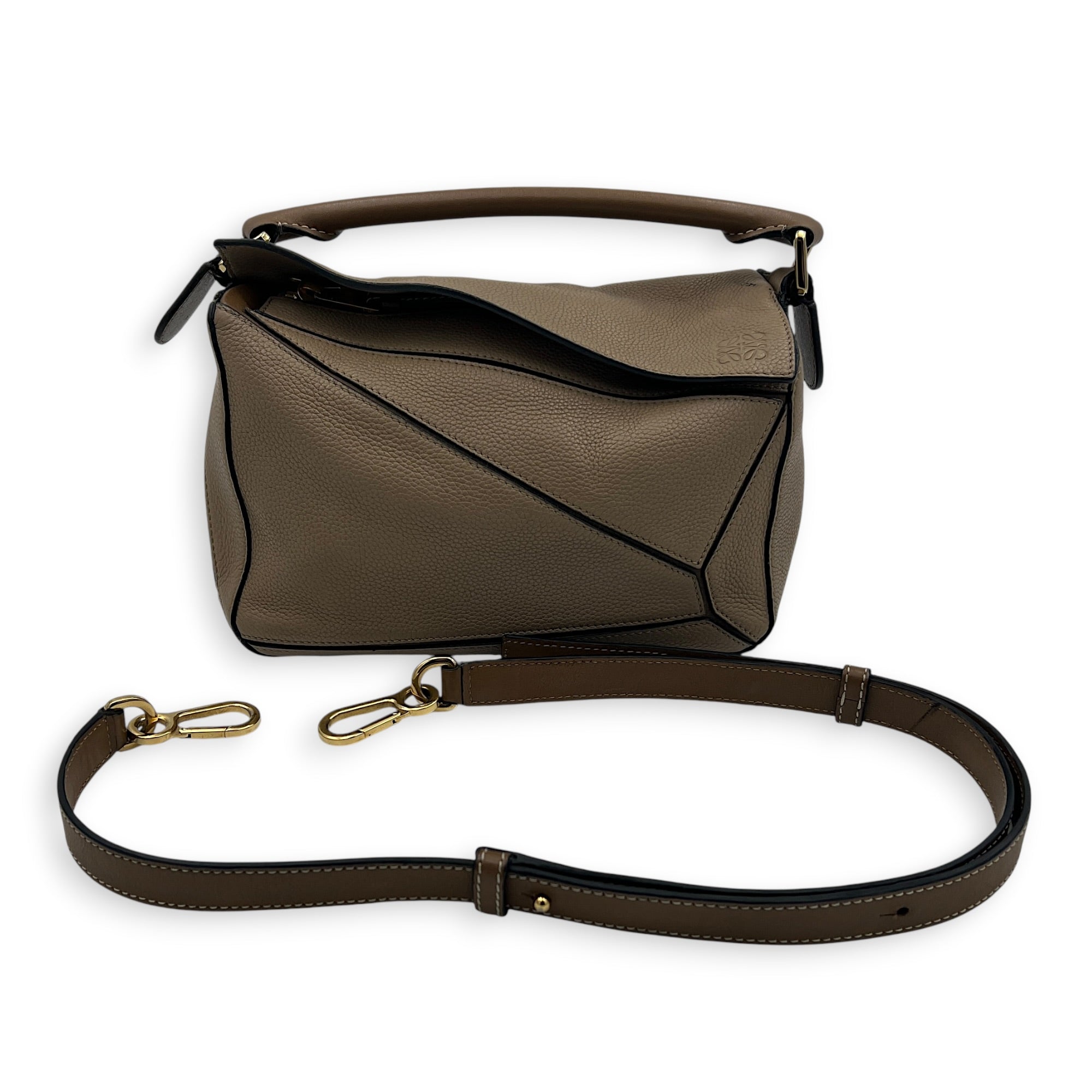 Puzzle Small Beige Top Handle Bag in Calfskin, Gold hardware