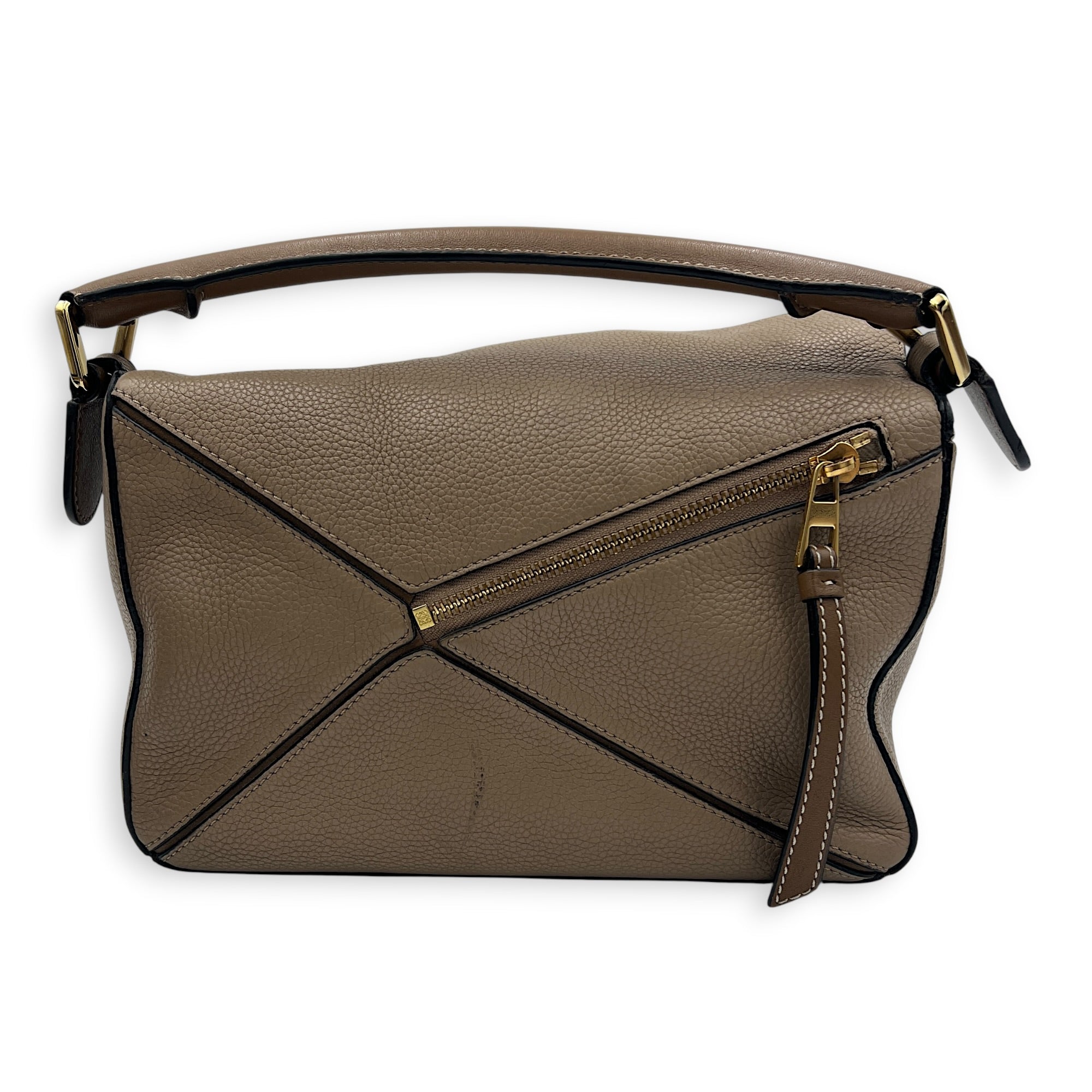 Puzzle Small Beige Top Handle Bag in Calfskin, Gold hardware