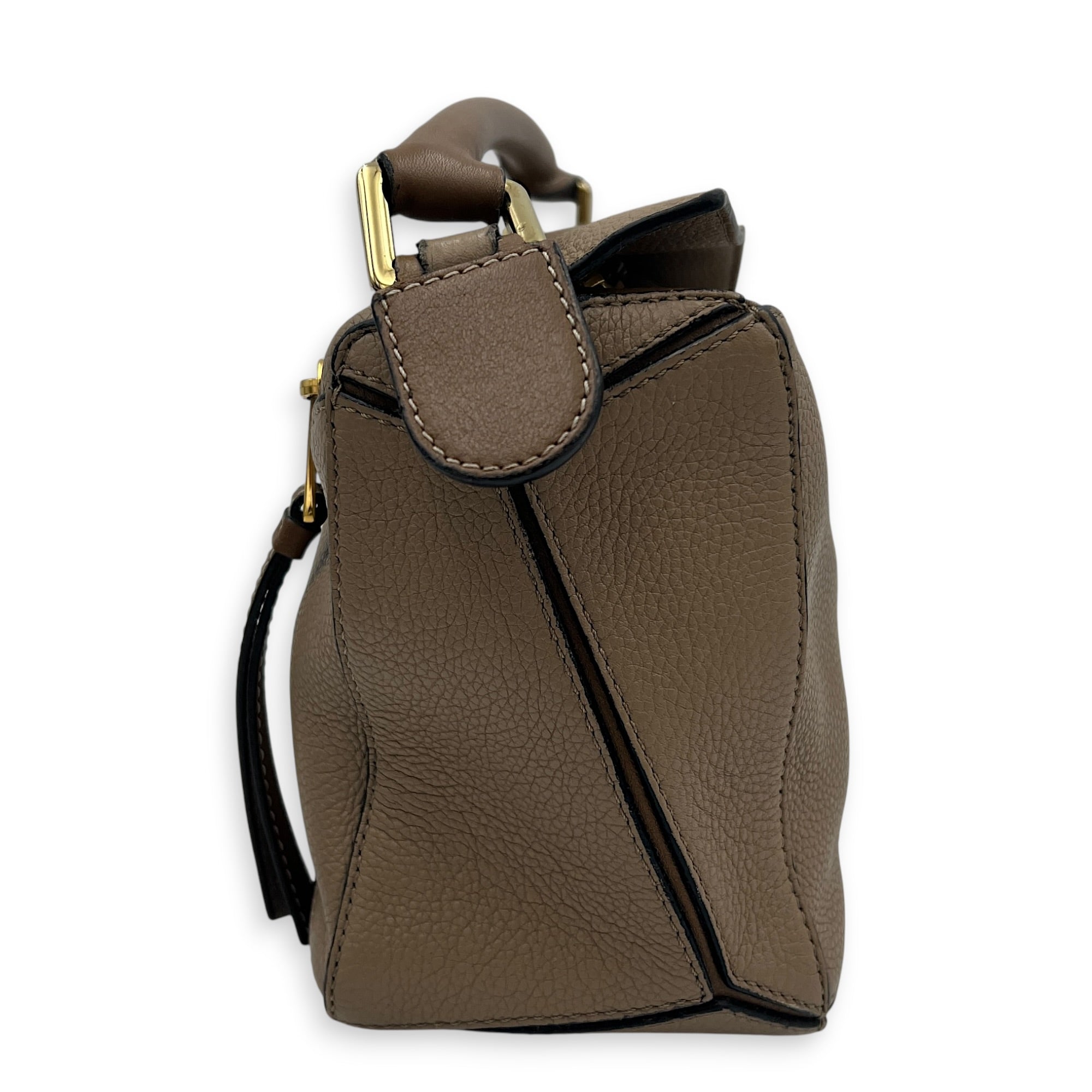 Puzzle Small Beige Top Handle Bag in Calfskin, Gold hardware