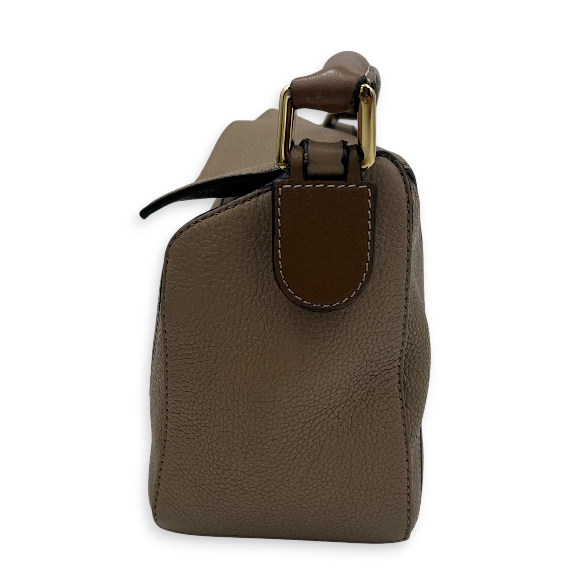 Puzzle Small Beige Top Handle Bag in Calfskin, Gold hardware
