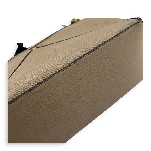 Puzzle Small Beige Top Handle Bag in Calfskin, Gold hardware