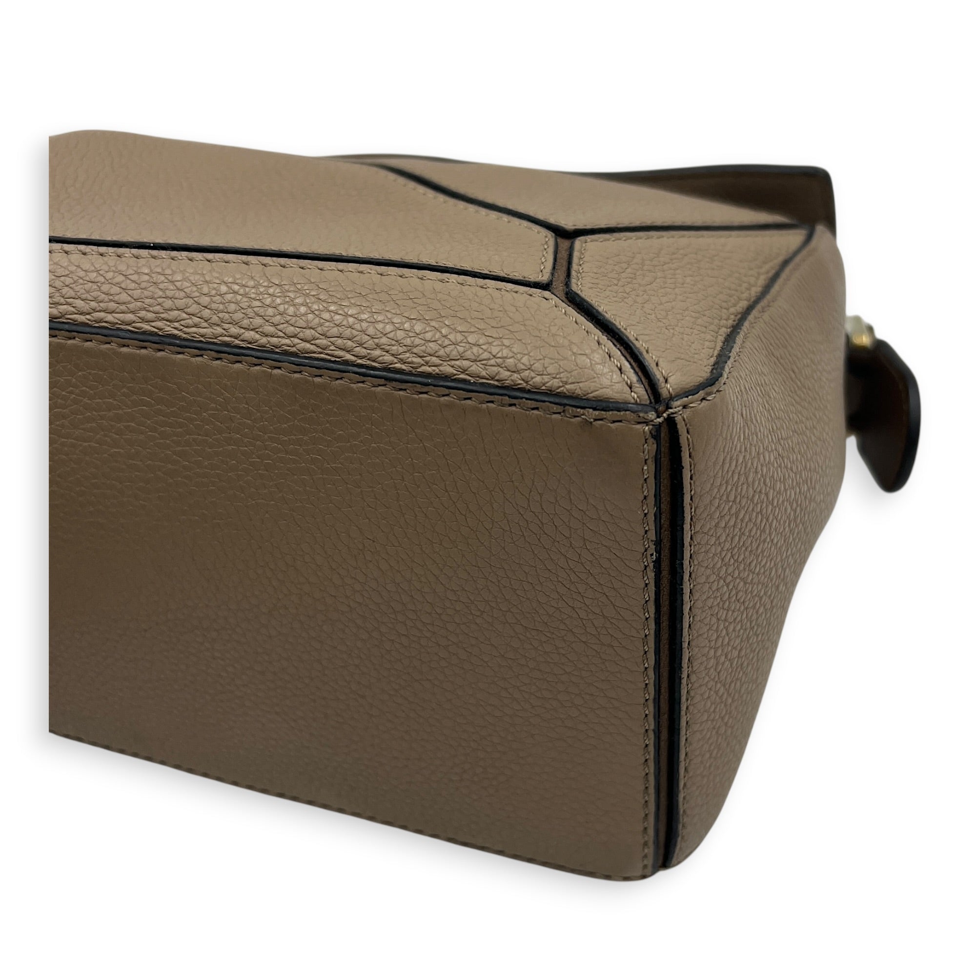 Puzzle Small Beige Top Handle Bag in Calfskin, Gold hardware
