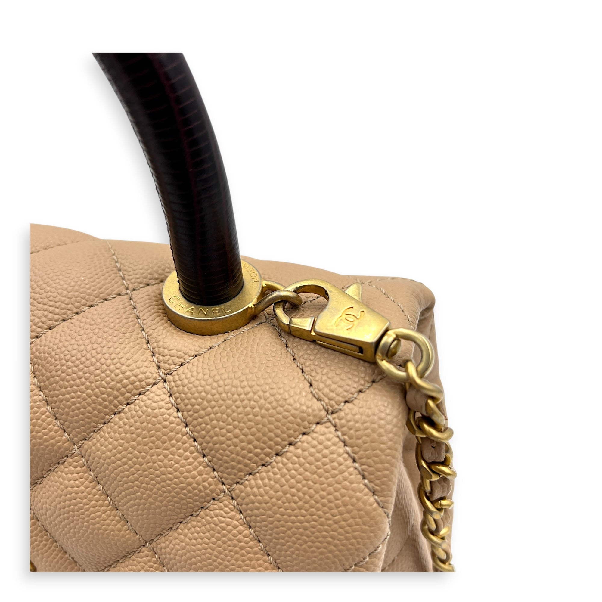 Coco Top Handle Bag Dark Beige in Caviar Leather, Gold hardware