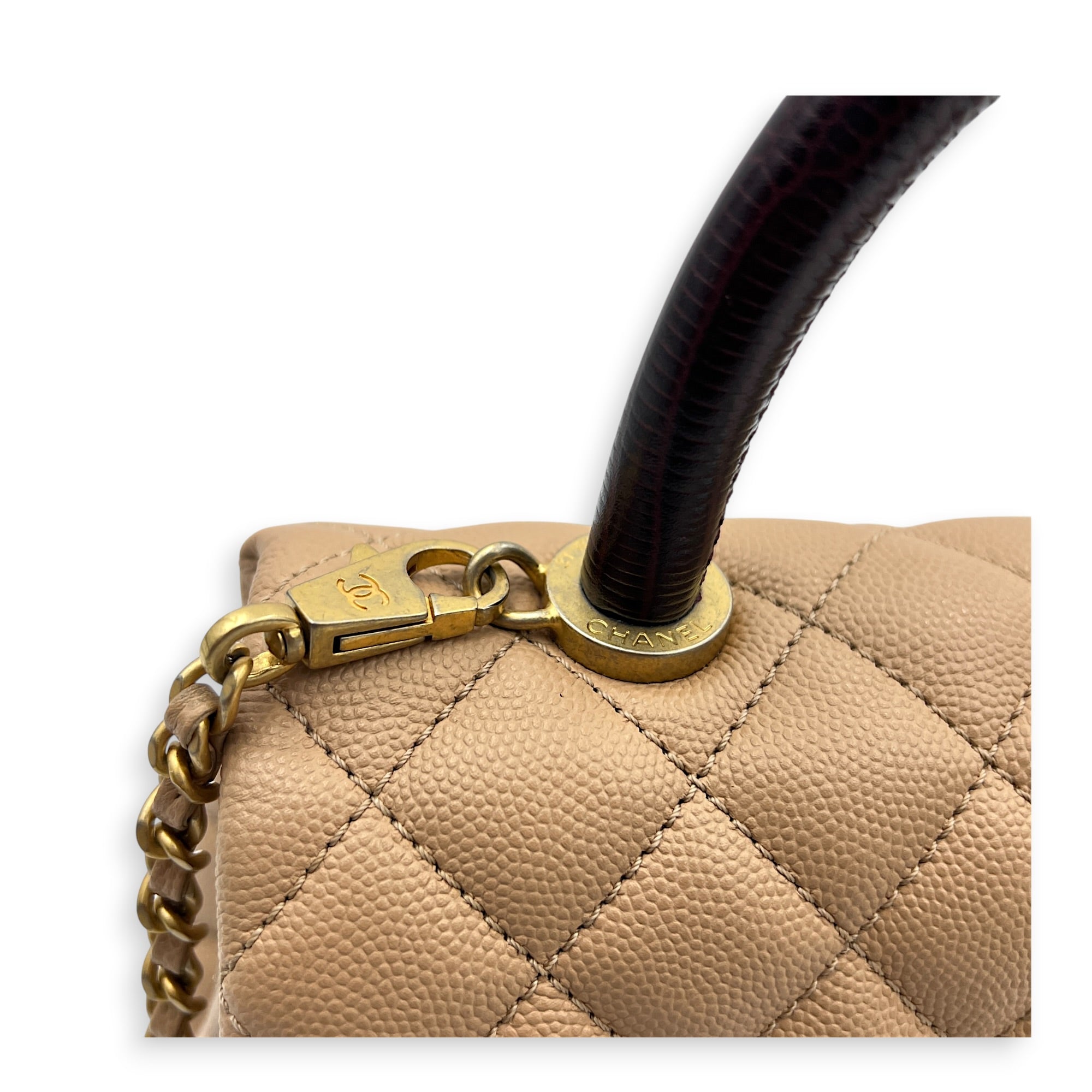 Coco Top Handle Bag Dark Beige in Caviar Leather, Gold hardware
