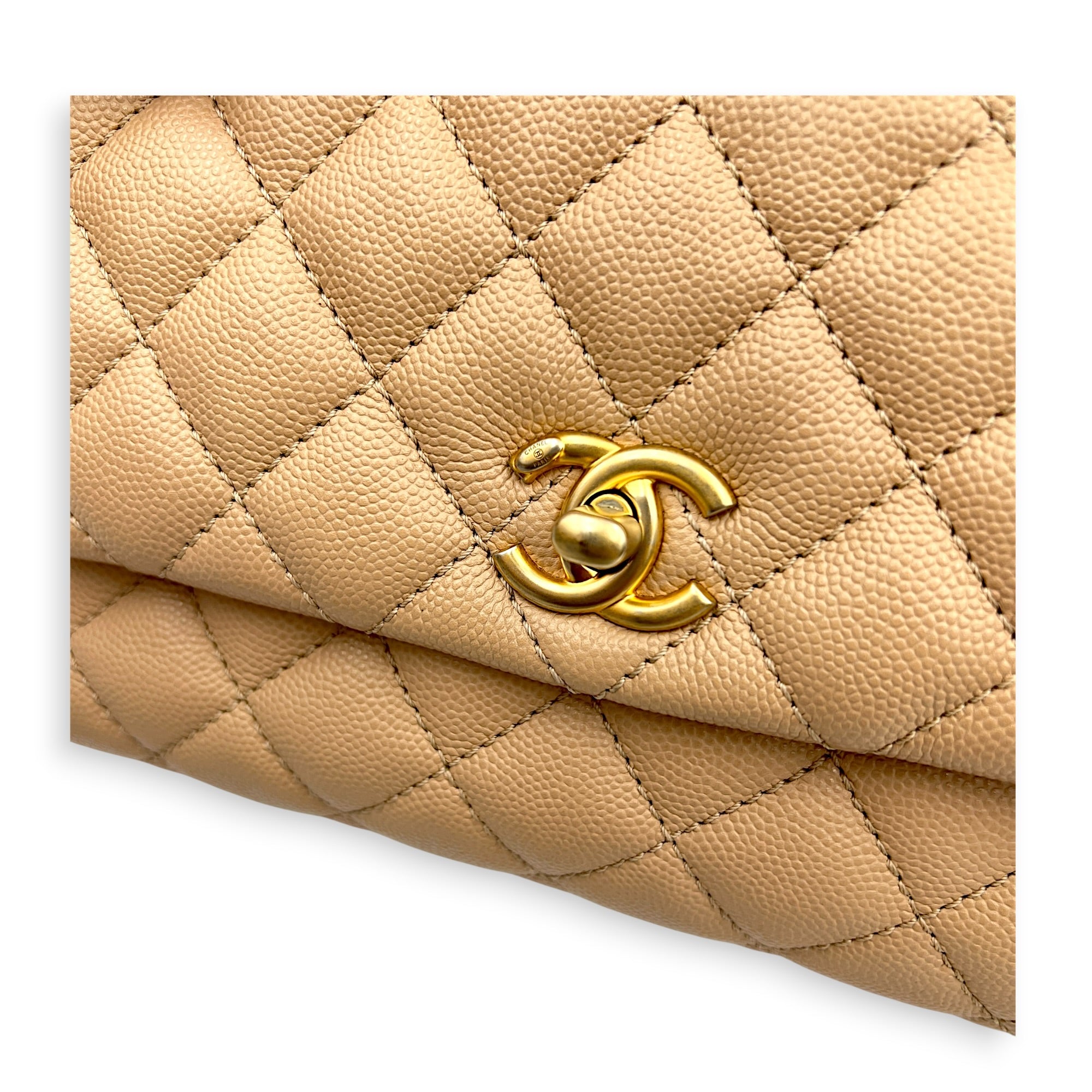 Coco Top Handle Bag Dark Beige in Caviar Leather, Gold hardware