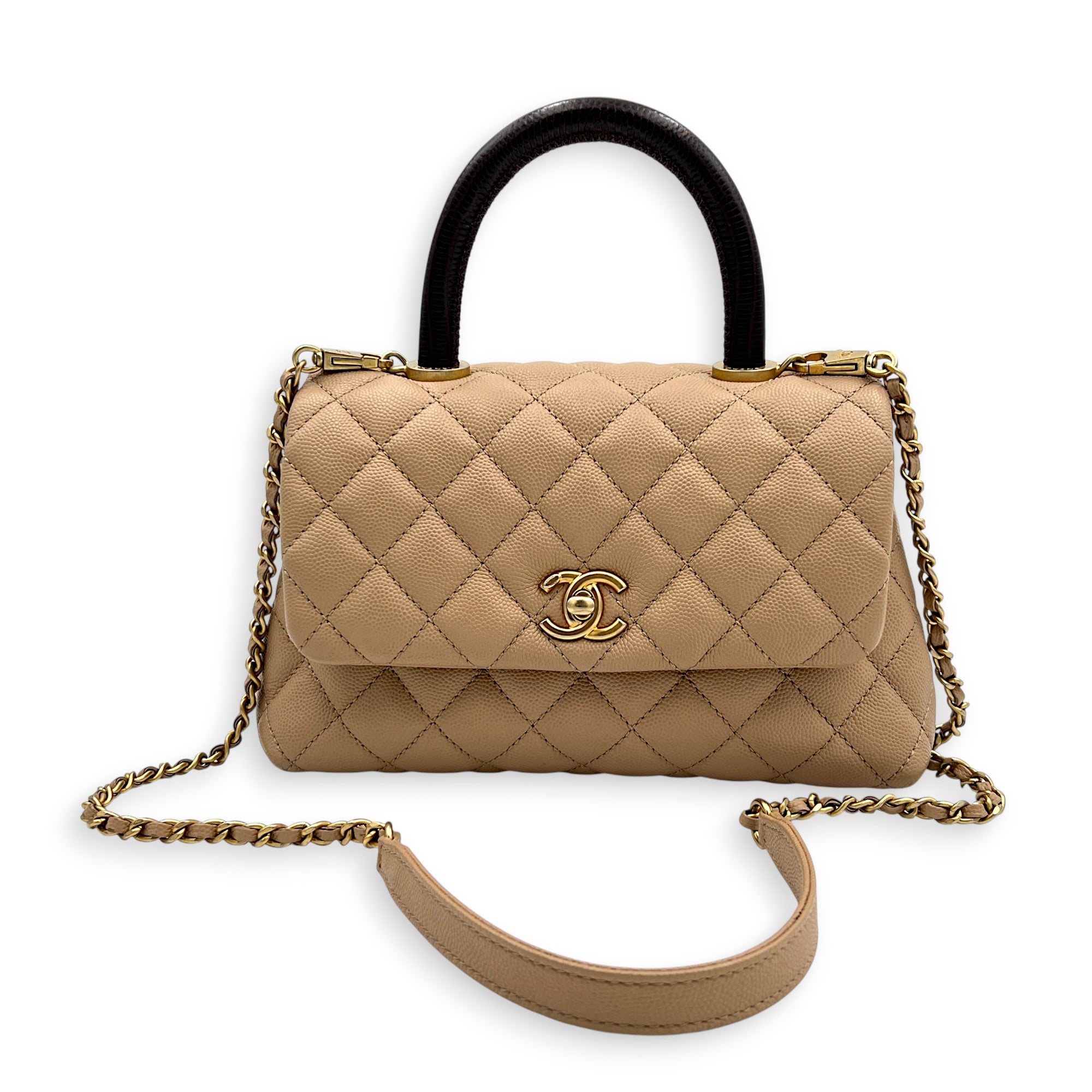 Coco Top Handle Bag Dark Beige in Caviar Leather, Gold hardware