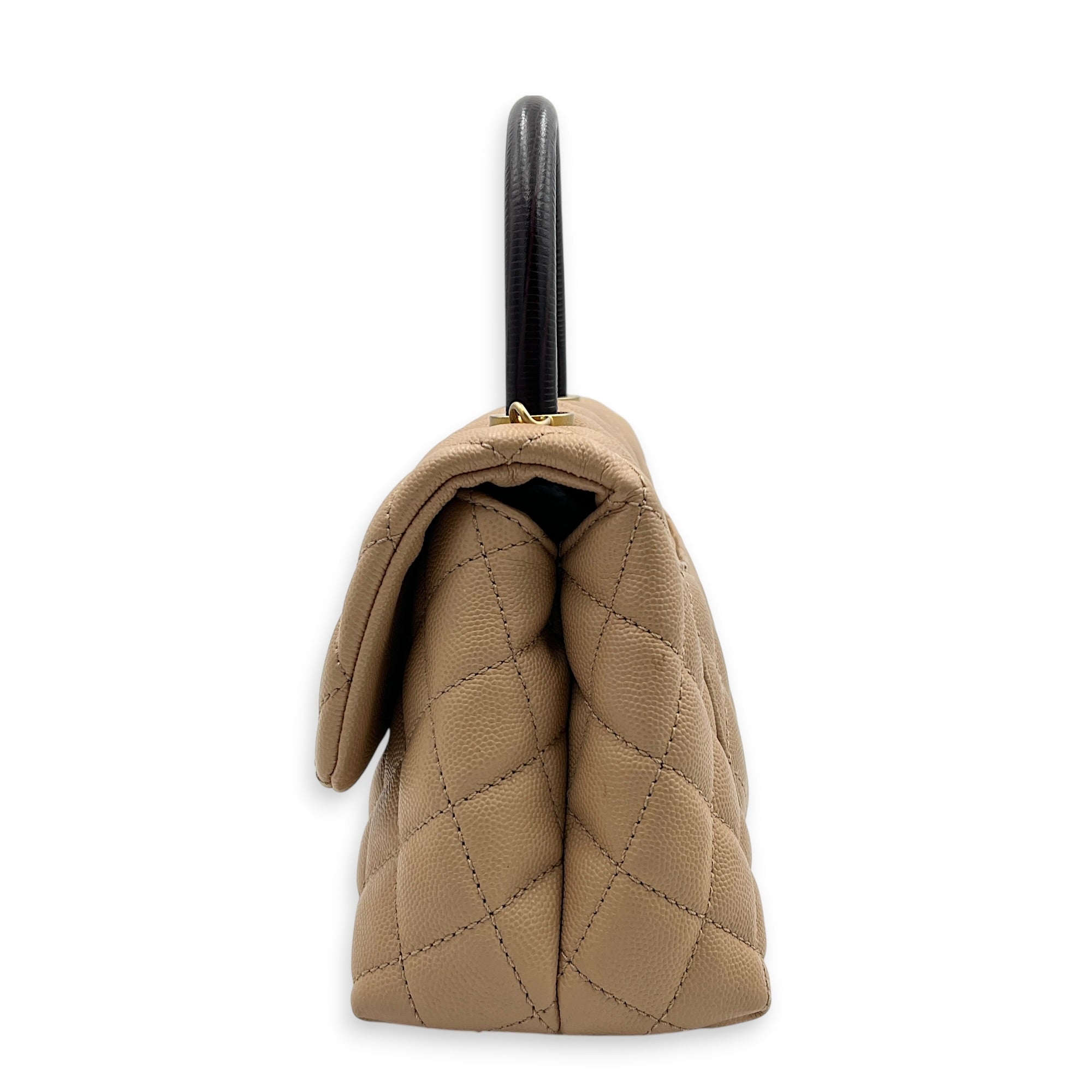Coco Top Handle Bag Dark Beige in Caviar Leather, Gold hardware
