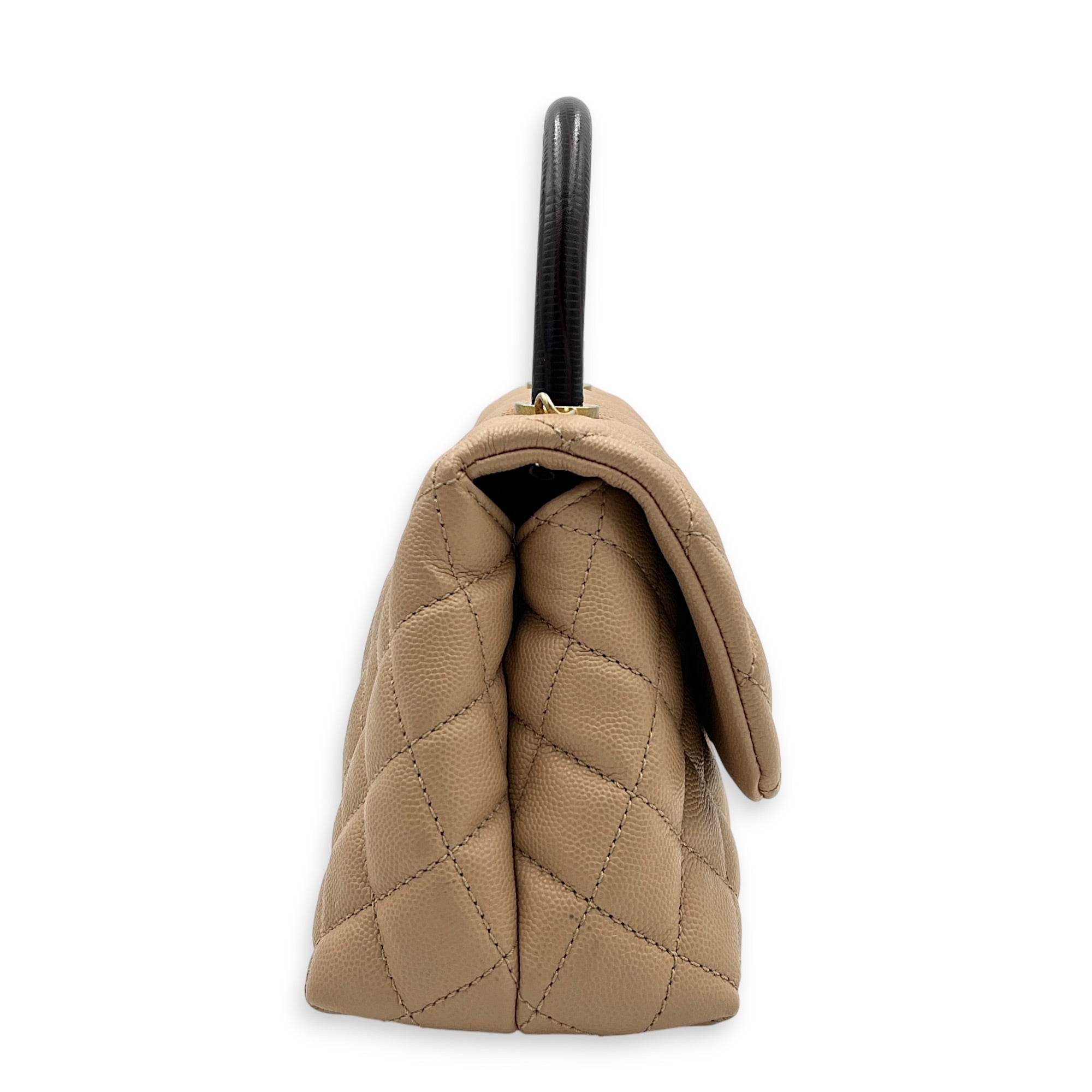 Coco Top Handle Bag Dark Beige in Caviar Leather, Gold hardware