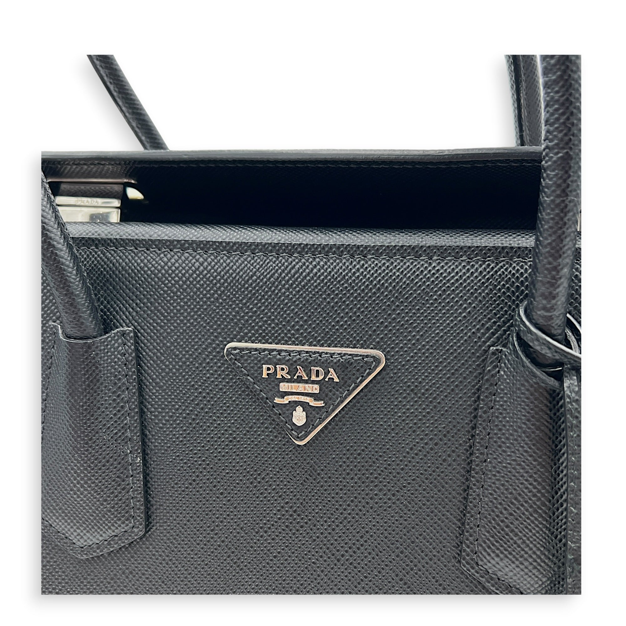 2 Way Turnlock Top Handle Bag Black in Saffiano Leather, Silver hardware